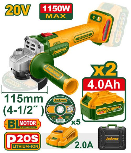 Polizor unghiular fără fir 20V 1150W D115mm + 2 baterii JDLAPB522 Jadever