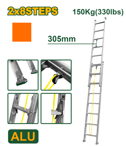 Scară extensibilă din aluminiu 3,96 m, 2 * 8 trepte, capacitate de încărcare 150 kg JDLD8H16 Jadever