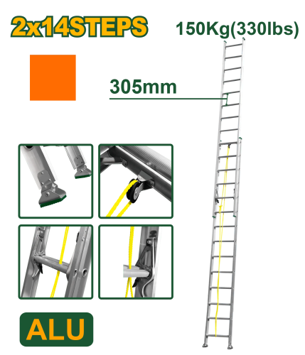 Лестница выдвижная, алюминиевая 2*14 ступеней 7,62 м 150 кг JDLD8H28 Jadever
