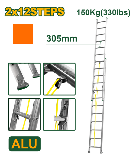 Scară extensibilă din aluminiu 2*12 trepte 6400 mm, capacitate portantă 150 kg JDLD8H24 Jadever